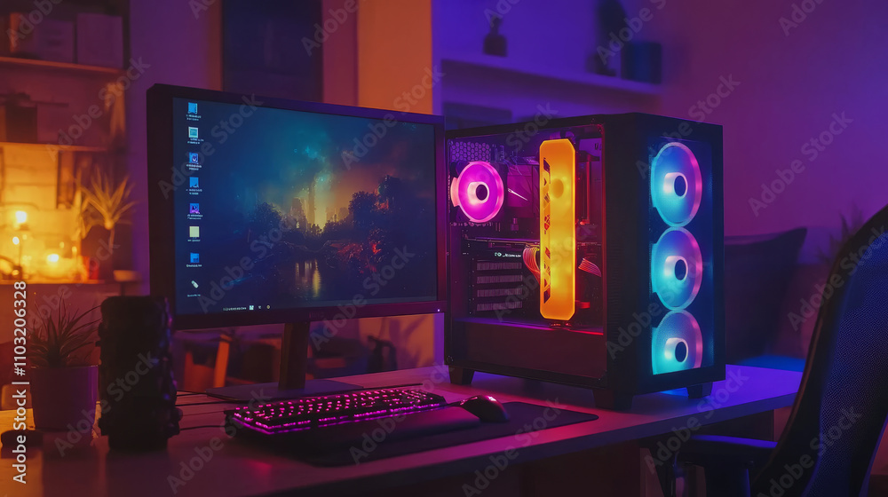 Gaming PC computer glowing in dark. Isometric illustration of modern computer case, monitor, keyboard, on desktop. Stationary video games PC. Neon lights of electronic parts of system box computer. Gaming PC computer glowing in dark. Isometric illustration of modern computer case, monitor, keyboard, on desktop. Stationary video games PC. Neon lights of electronic parts of system box computer.