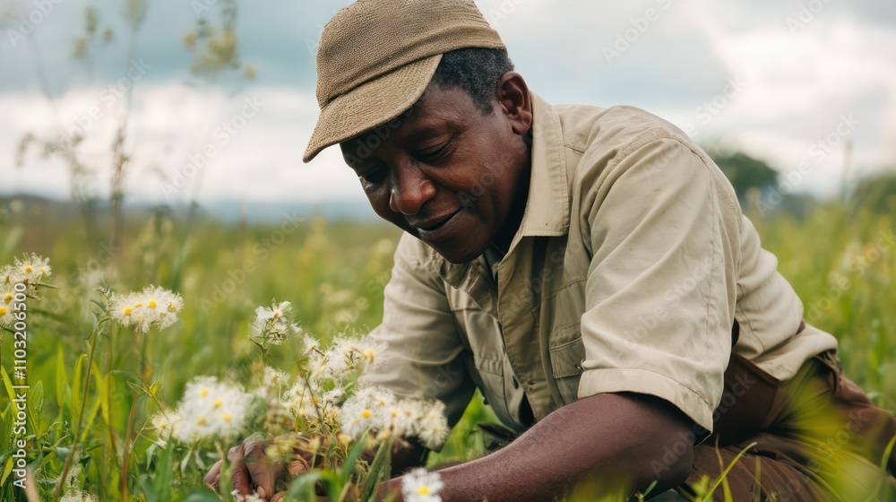 A conservationist restoring habitats, set on a clean green backdrop for biodiversity A conservationist restoring habitats, set on a clean green backdrop for biodiversity