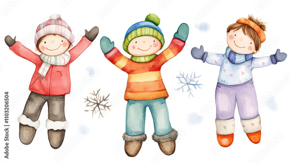Group of cheerful kids in winter outfits jumping joyfully in snow, watercolor illustration on a white background, suitable for clipart, holiday cards, and posters. Group of cheerful kids in winter outfits jumping joyfully in snow, watercolor illustration on a white background, suitable for clipart, holiday cards, and posters.