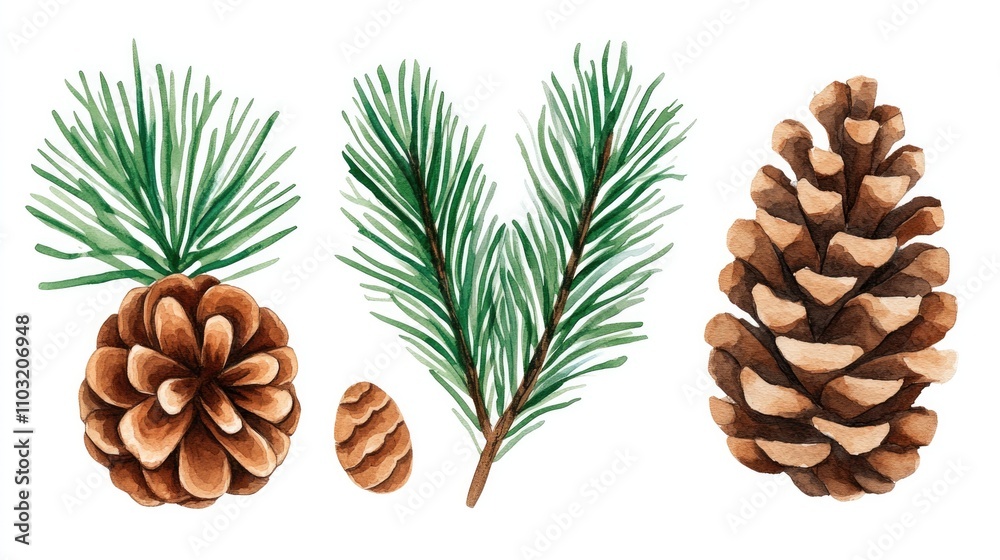 Set of pinecones and pine branches in watercolor style on a white background, suitable for festive cards, posters, clipart, and seasonal nature-themed decorations. Set of pinecones and pine branches in watercolor style on a white background, suitable for festive cards, posters, clipart, and seasonal nature-themed decorations.