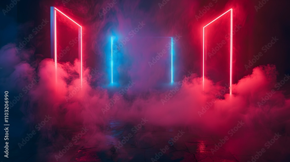 Red and Blue Neon Lights Illuminate Smoky Room Red and Blue Neon Lights Illuminate Smoky Room