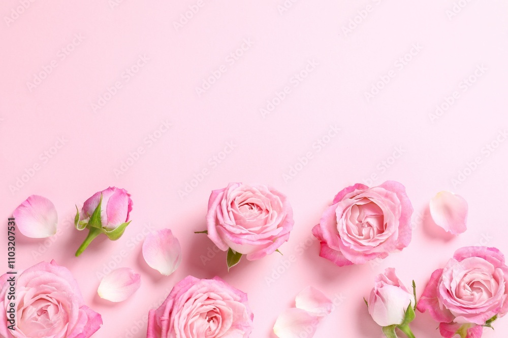 Beautiful composition with pink roses on color background Beautiful composition with pink roses on color background