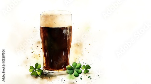 Watercolor illustration cold dark stout Guinness beer close up St Patrick's Day traditional alcoholic drink, green golden bokeh lightning effect background, religious holiday	

