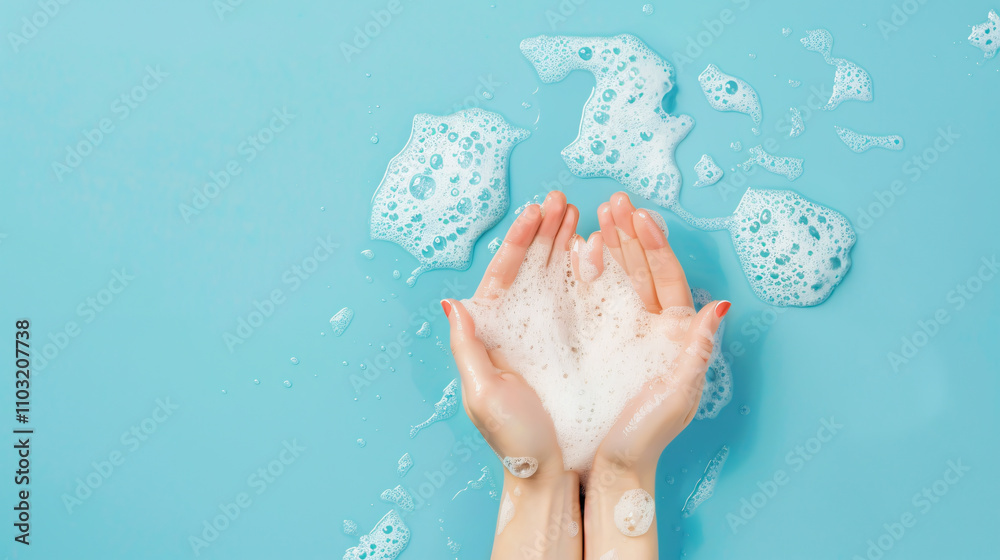 Hands in soap foam against a light blue background. Hands in soap foam against a light blue background.