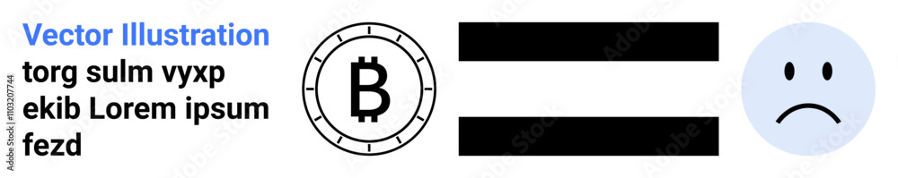 Bitcoin symbol inside circular outline, two black horizontal bars forming an equal sign, sad face emoticon. Ideal for cryptocurrency, financial impact, emotional reaction, economy, investment risks Bitcoin symbol inside circular outline, two black horizontal bars forming an equal sign, sad face emoticon. Ideal for cryptocurrency, financial impact, emotional reaction, economy, investment risks
