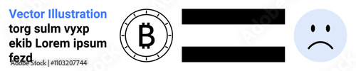 Bitcoin symbol inside circular outline, two black horizontal bars forming an equal sign, sad face emoticon. Ideal for cryptocurrency, financial impact, emotional reaction, economy, investment risks