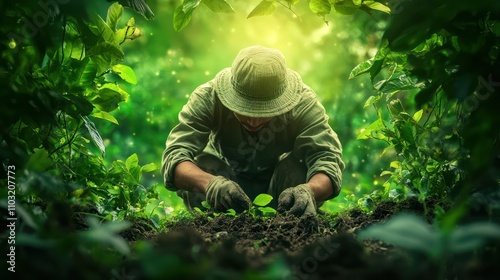 A dedicated eco-warrior planting trees, framed by a vibrant green background for sustainability photo