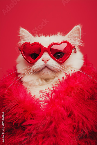 
cute white British cat wearing red heart-shaped sunglasses and wrapped in red feathers boa , posing for the camera with an adorable expression on its face against a solid color background.  