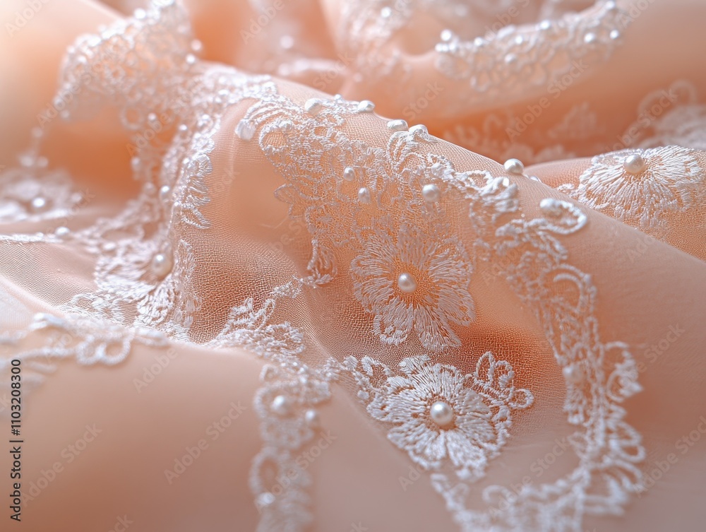 Delicate floral lace fabric in soft light with elegant texture and intricate white flower pattern creating romantic atmosphere