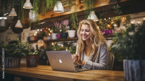 Young webcam model sitting in front of a computer, engaging in a video chat as a cam girl.