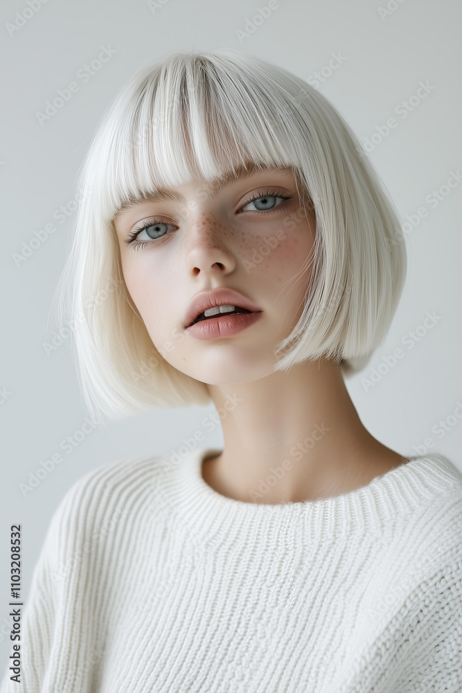 model with a white bob haircut, bangs, and a white background, wearing a white sweater, with natural makeup and a neutral expression, looking straight at the camera.  