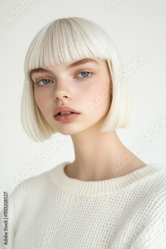 model with a white bob haircut, bangs, and a white background, wearing a white sweater, with natural makeup and a neutral expression, looking straight at the camera. 