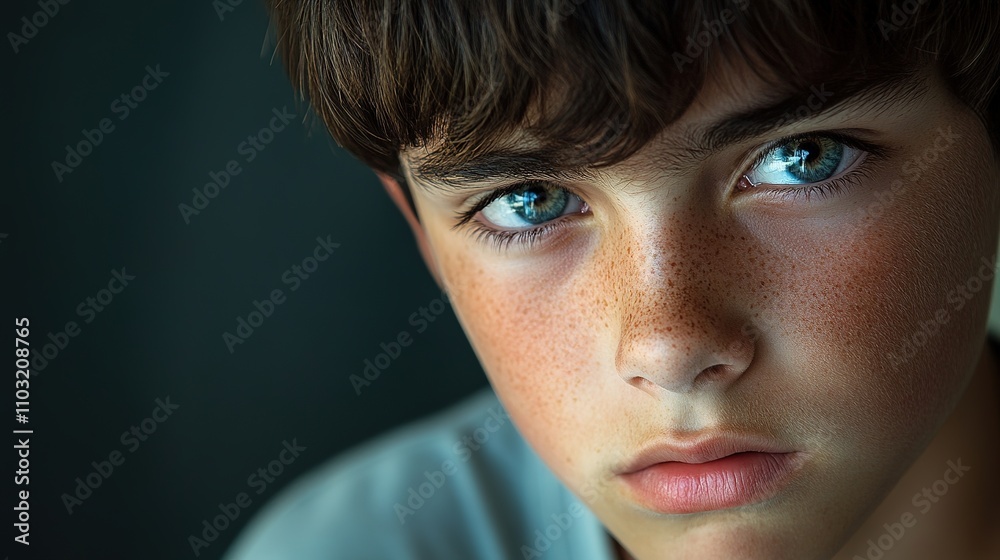 Intense gaze of a young boy with striking blue eyes Intense gaze of a young boy with striking blue eyes