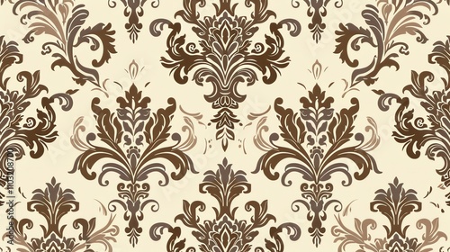 A seamless pattern of brown floral designs on a cream background.