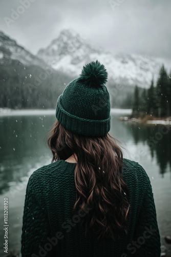 
Photograph of a brunette woman wearing a green knitted sweater and a green hat with a pom pom, standing near a lake in the mountains on a winter day.   photo