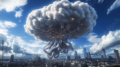 Skybound Metropolis: A 3D Render of a Colossal Cloud-Machine Over a Modern Cityscape AI Generated photo