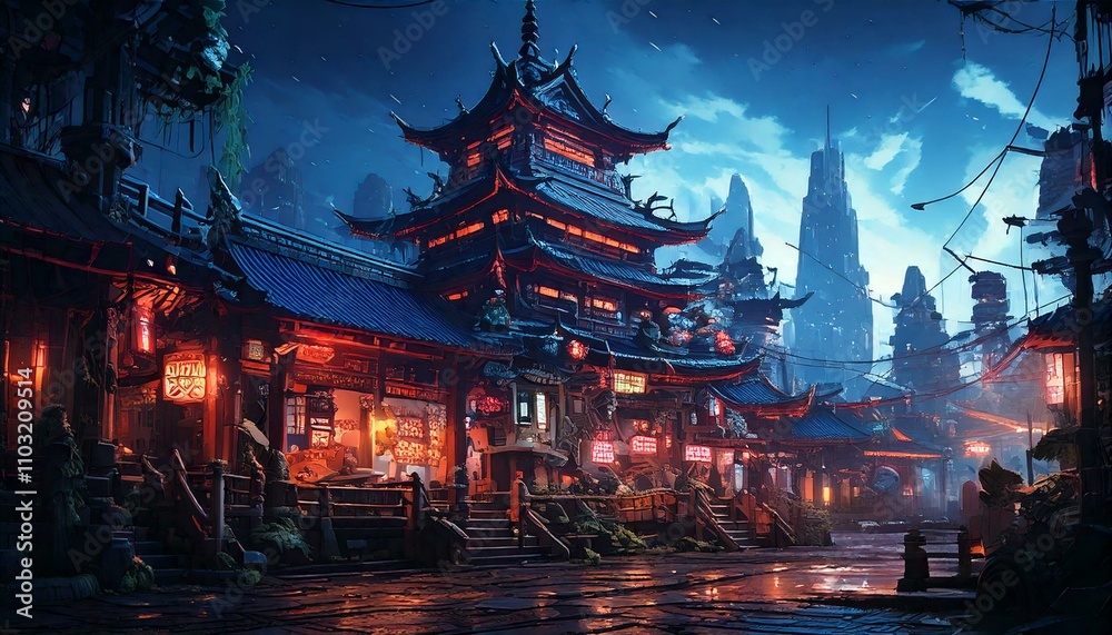 Fototapeta premium Cyberpunk temple japanese abstract illustration artwork at night