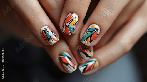 Elegant Nail Art Design:  Abstract Teal, Orange, and Beige Floral Nail Polish photo