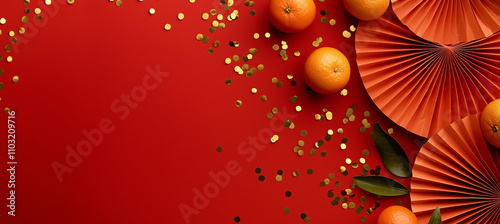 Red paper fans and golden confetti, tangerin fruits, border frame , Chinese lunar New Year background, red color theme, minimalist style, simple design, solid color background  photo