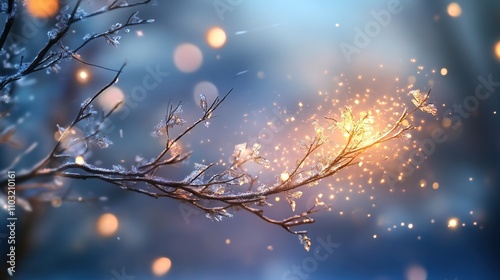 Magical Winter Landscape with Sparkling Branches and Bokeh Lights