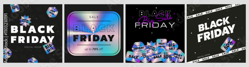 Black Friday promotion template in set for banner, feed, background and ads. Trendy contemporary sticker style. Vector