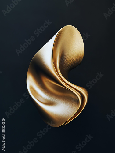A golden abstract shape with smooth curves and contours, resembling the form of an object or figure. It is positioned on its side against a black background