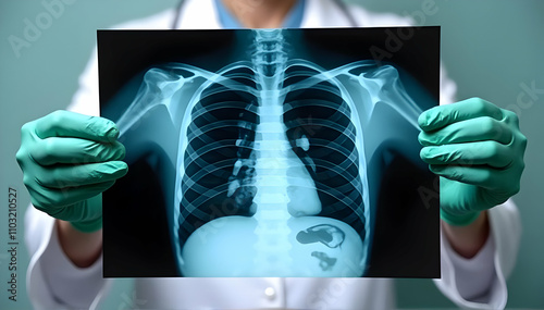 Doctor Examining Chest X Ray in Hospital Office, Doctors Holding X-ray Image of Lungs Close Up, Doctor examining digital skeleton anatomy. photo