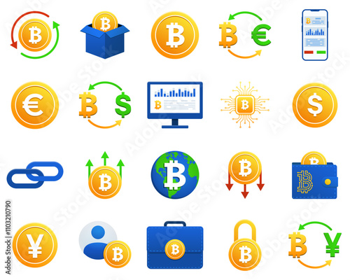 Bitcoin (BTC) icon collection, vector illustration. Blockchain, cryptocurrency, anonymity, security, currency exchange, statistics, globalization, investment.