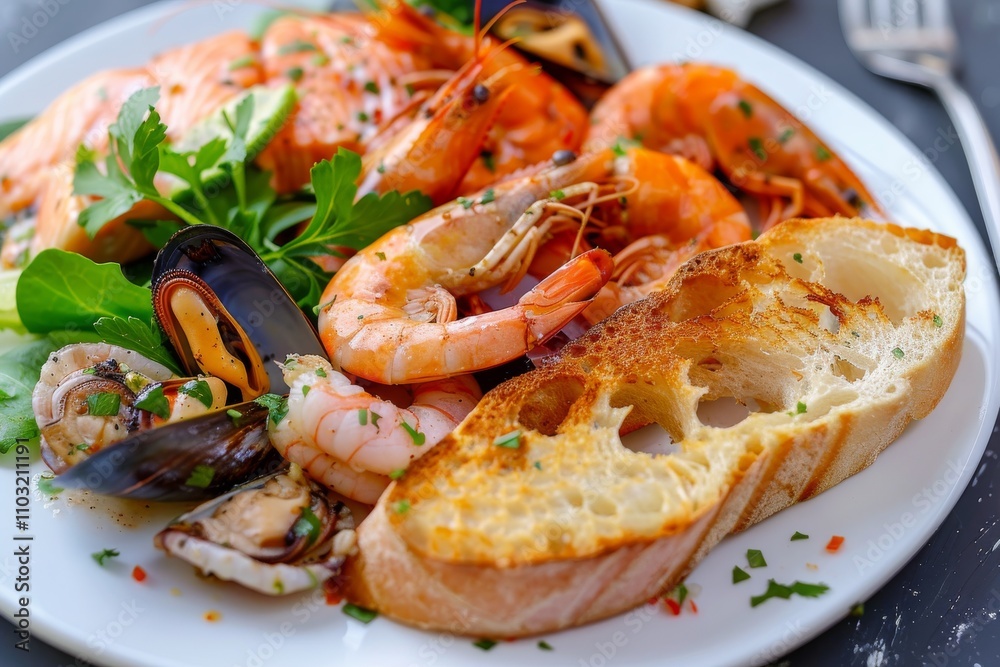 Seafood with Garlic Baguette, Toasted Bread, Cooked Prawns, Shrimps, Mussels and Salmon Fillet Seafood with Garlic Baguette, Toasted Bread, Cooked Prawns, Shrimps, Mussels and Salmon Fillet