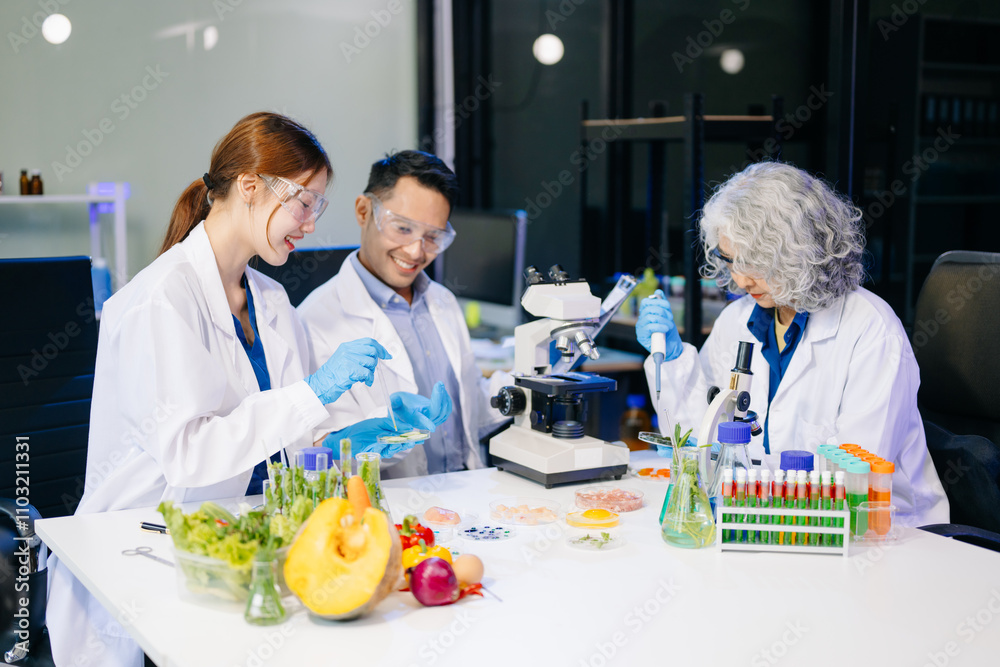 Dynamic scene of food scientists using microscopes and pipettes in a lab, Dynamic scene of food scientists using microscopes and pipettes in a lab,