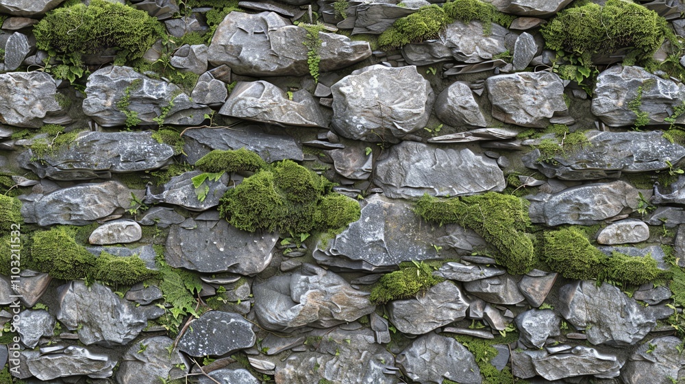 A stone wall covered in moss and green plants. A stone wall covered in moss and green plants.