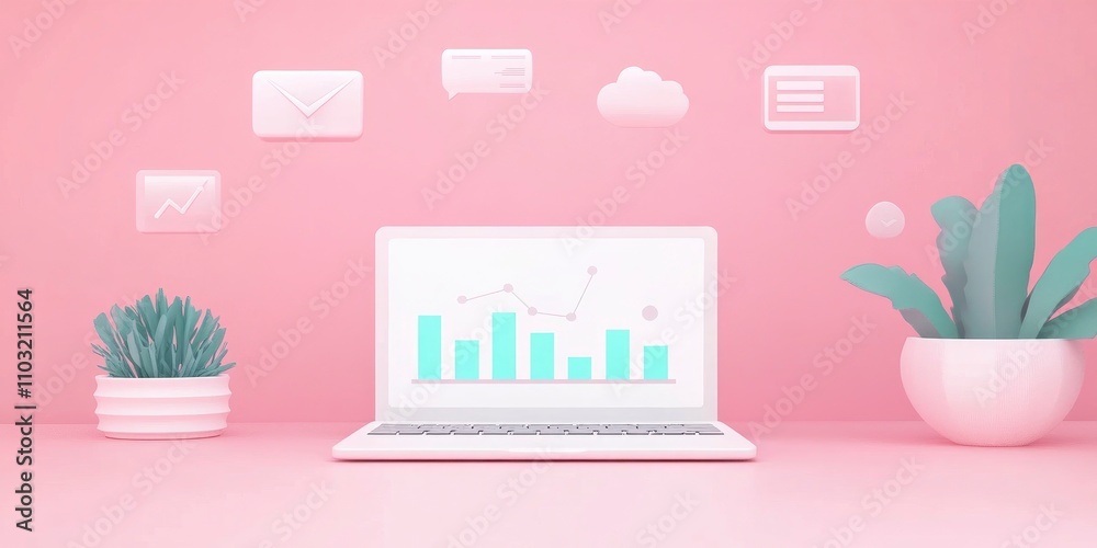 Flat illustration of an online platform with icons for news, images, and videos floating around it on a pink background, with a white laptop in the center and graphs showing data growth. Flat illustration of an online platform with icons for news, images, and videos floating around it on a pink background, with a white laptop in the center and graphs showing data growth.