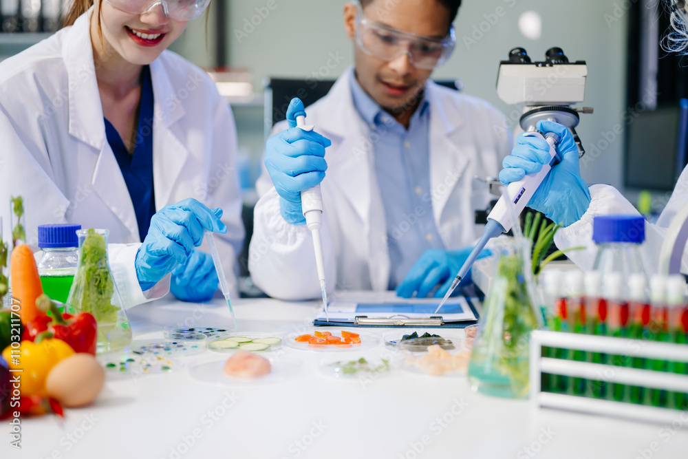Dynamic scene of food scientists using microscopes and pipettes in a lab, Dynamic scene of food scientists using microscopes and pipettes in a lab,