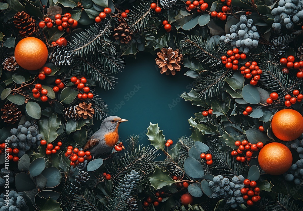 Bird Perched on a Wreath of Leaves and Berries
Bird Perched on a Wreath of Leaves and Berries