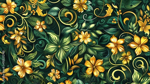 A seamless pattern of stylized gold flowers and green leaves with a dark green background.