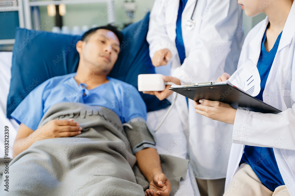 Hospital Ward Male and Male Professional Asian Doctors Talk with a Patient, Give Health Care Hospital Ward Male and Male Professional Asian Doctors Talk with a Patient, Give Health Care