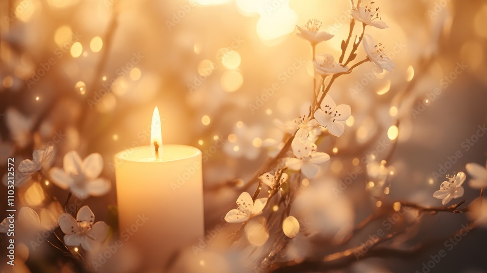 A serene candle surrounded by delicate blossoms, creating a warm and peaceful atmosphere. A serene candle surrounded by delicate blossoms, creating a warm and peaceful atmosphere.