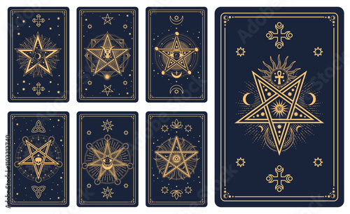 Tarot cards with occult symbols, Sun, Moon and stars vector line pattern. Magic, mystic and esoteric tarot cards deck, outline gold skull, eye of providence, alchemy pentagrams and sacred ankh symbols