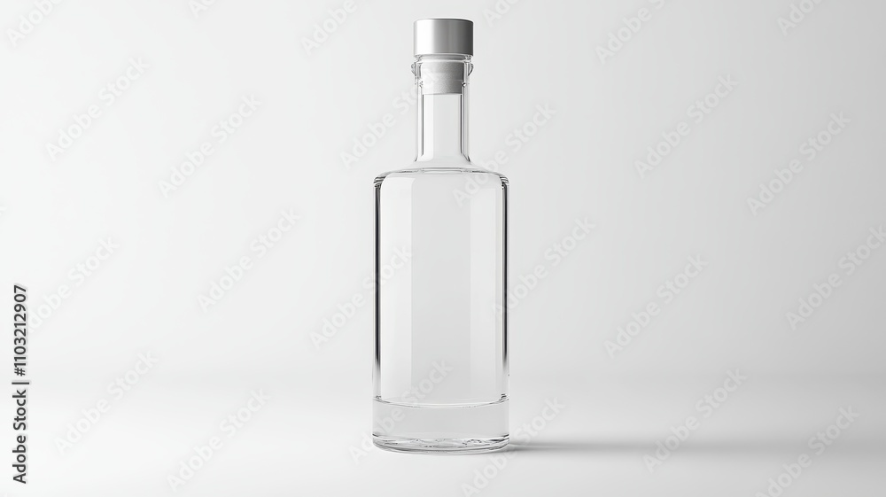 Minimalistic sleek vodka bottle with clear glass and elegant silver accents, perfect for modern bar aesthetics. Minimalistic sleek vodka bottle with clear glass and elegant silver accents, perfect for modern bar aesthetics.