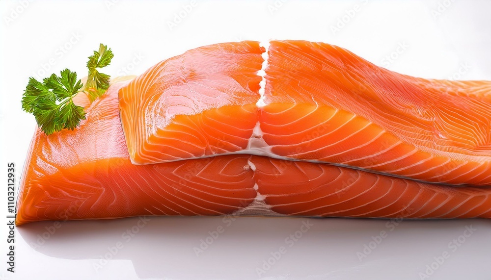 Fresh salmon fillets on white background, showcasing natural marbling and color, ideal for healthy food promotions and culinary content Fresh salmon fillets on white background, showcasing natural marbling and color, ideal for healthy food promotions and culinary content