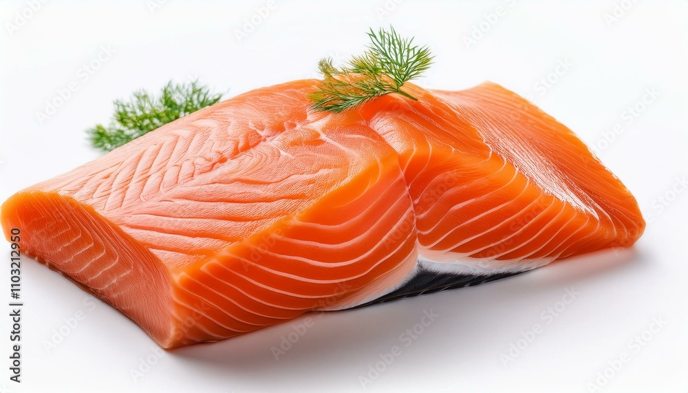 Fresh salmon fillets on white background, showcasing natural marbling and color, ideal for healthy food promotions and culinary content Fresh salmon fillets on white background, showcasing natural marbling and color, ideal for healthy food promotions and culinary content