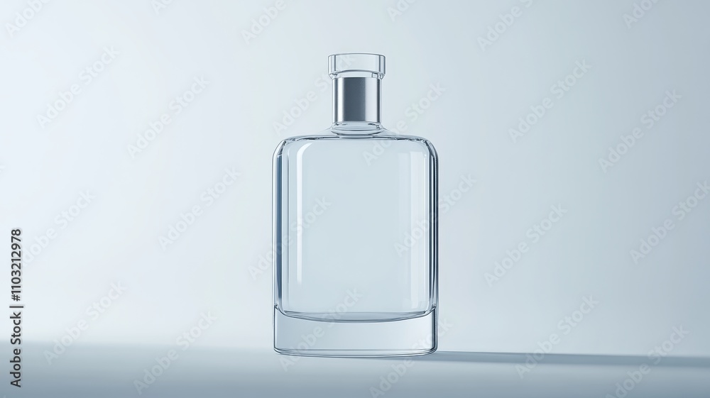 Minimalistic sleek vodka bottle with clear glass and elegant silver accents, perfect for modern bar aesthetics. Minimalistic sleek vodka bottle with clear glass and elegant silver accents, perfect for modern bar aesthetics.
