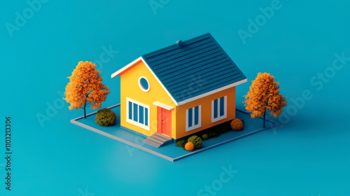 Vibrant yellow house model with colorful trees on a blue background. photo