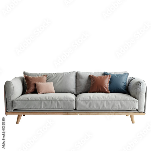 A modern, minimalist gray fabric sofa with a wooden frame and legs. It features pink, brown, and blue throw pillows. The sofa is isolated on a transparent background.