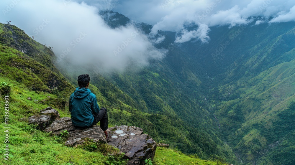 A nature lover exploring untouched landscapes, framed by a lush green environment for adventure A nature lover exploring untouched landscapes, framed by a lush green environment for adventure