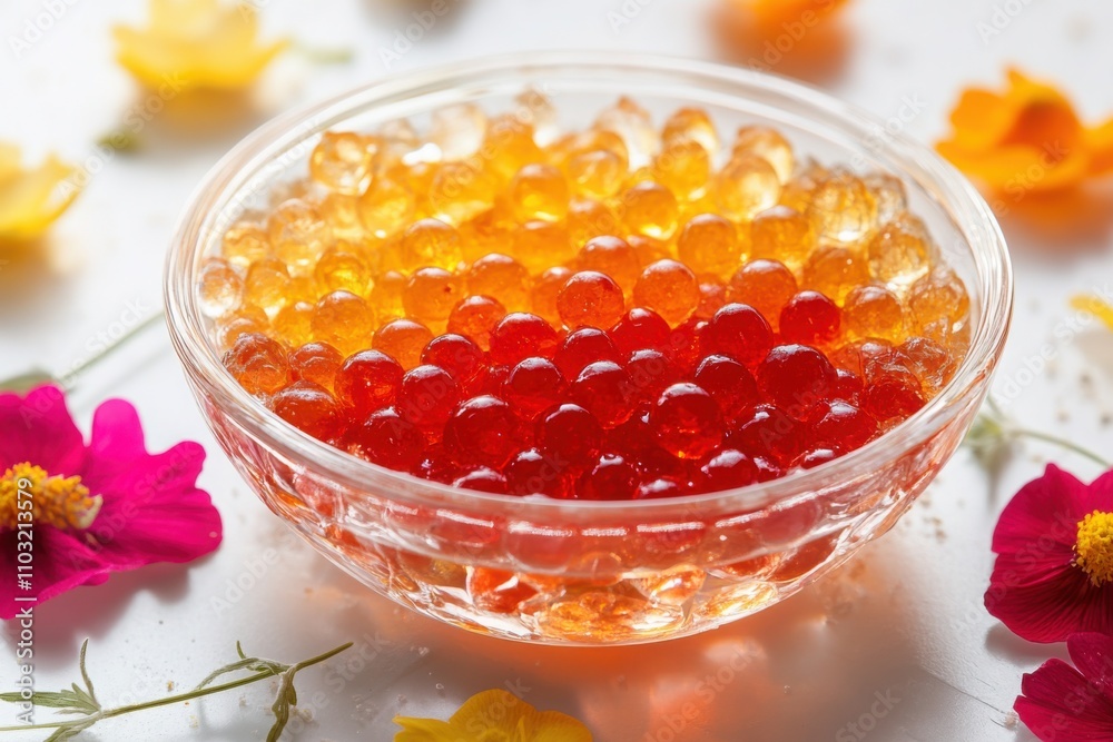 Glass bowl filled with orange and red molecular spheres, surrounded by colorful edible flowers on a bright surface, creating a fresh presentation