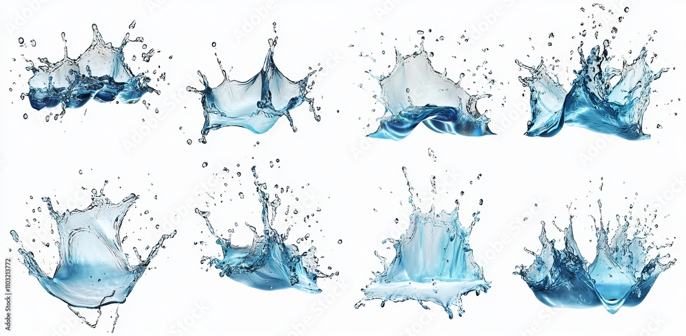 Obraz premium Eight isolated water splashes on a white background.