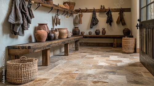 A rustic yet luxurious southwestern mudroom with richly stained wooden benches and hooks for outerwear. The flooring is a beautiful Saltillo tile photo