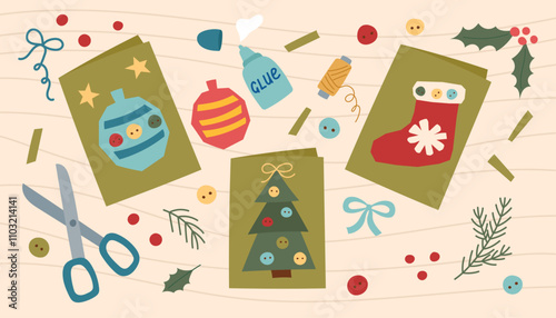 Handmade Christmas greeting cards. Sustainable Christmas concept banner. Eco friendly Christmas gift. 