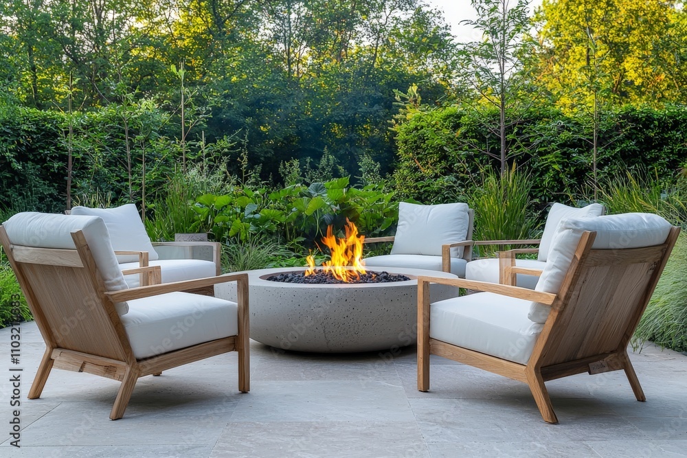 Fototapeta premium an outdoor patio with a round concrete fire bowl